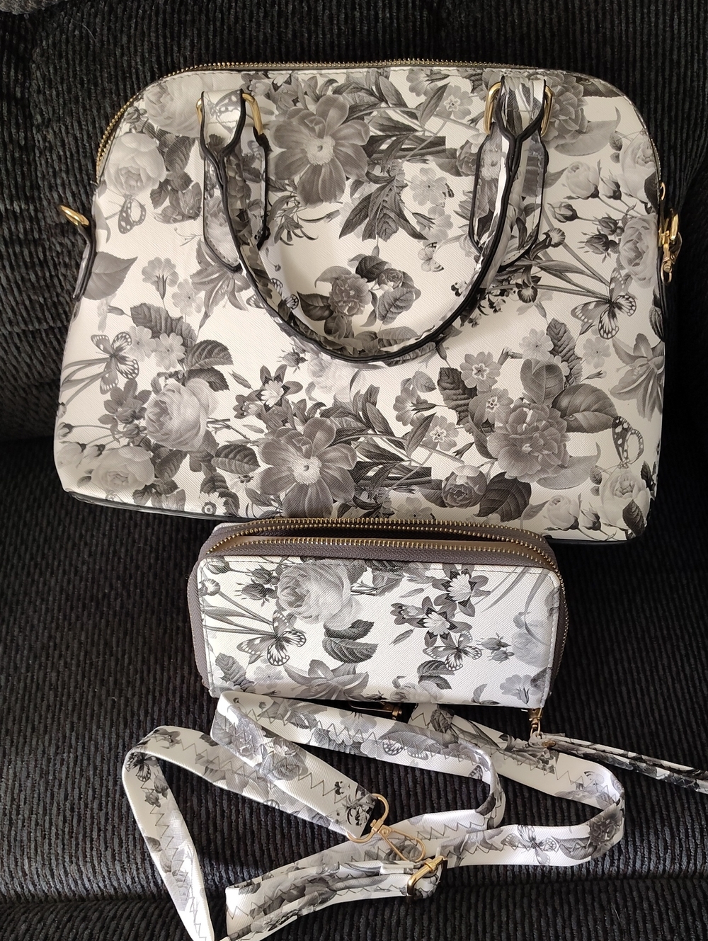 Floral Print Satchel and Crossbody Set in Black & White
